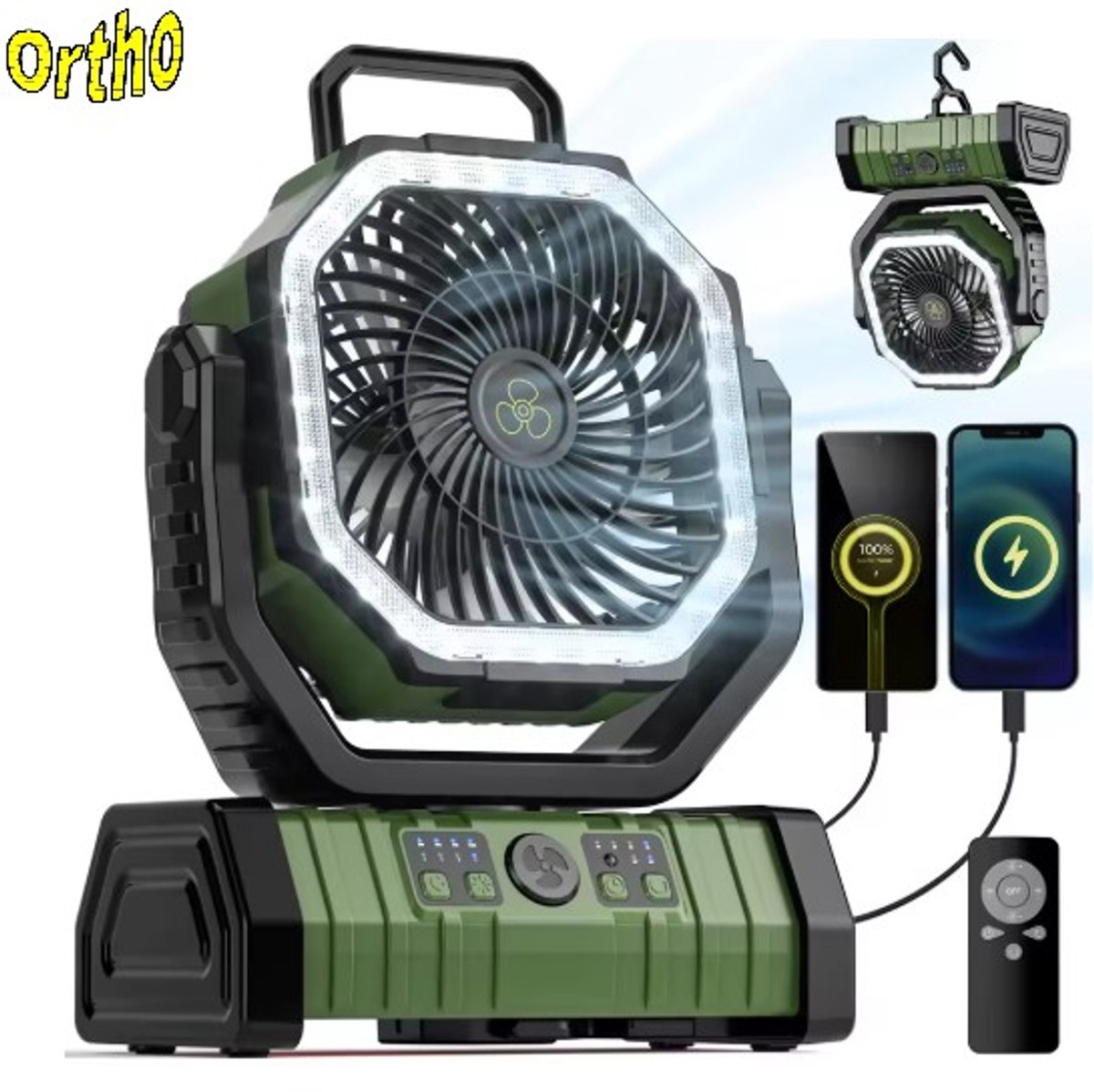Ortho® - Draagbare ventilator - Grote batterijcapaciteit - Ventilator staand - Tafel ventilator - Camping ventilator - Ventilator lamp - Draagbaar - Met afstandsbediening - Groen thumbnail 2