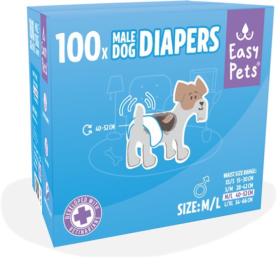 Een doos met 100 mannelijke hondenluiers van het merk Easy Pets, maat M/L. Een illustratie van een hond met luier staat op de voorkant.