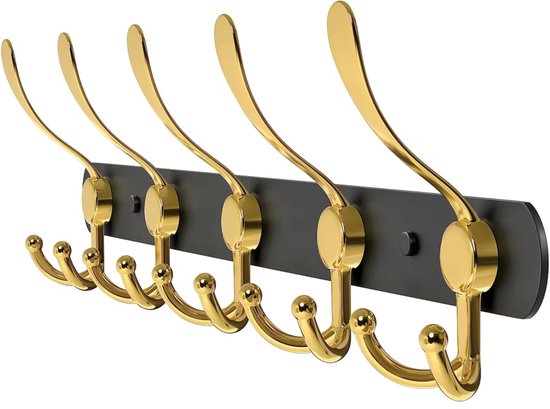 Zwarte wandkapstok met vijf gebogen gouden haken, getoond op een witte achtergrond.