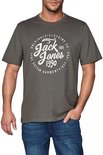 Man met donkergrijs Jack & Jones T-shirt met witte cirkelvormige opdruk 'Jack Jones 1990'