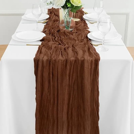 Chemin de table en étamine PolkaHome® 1 pièce – Nappe en étamine de coton – Chemins de table textile et nappe 90 x 300 cm – Chemin de table en étamine, étamine (marron)