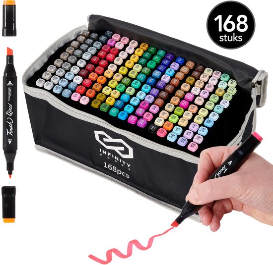 Infinity Goods Twinmarkers - 168 Stuks - Professionele Alcohol Markers - Dubbelzijdige Tip - Stiften - Opbergtas Met Houder