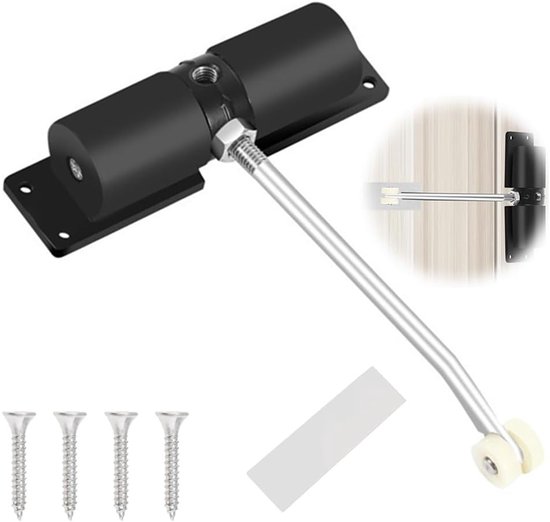 Zwarte automatische deurdranger met metalen arm, wieltjes, schroeven en een metalen pad.