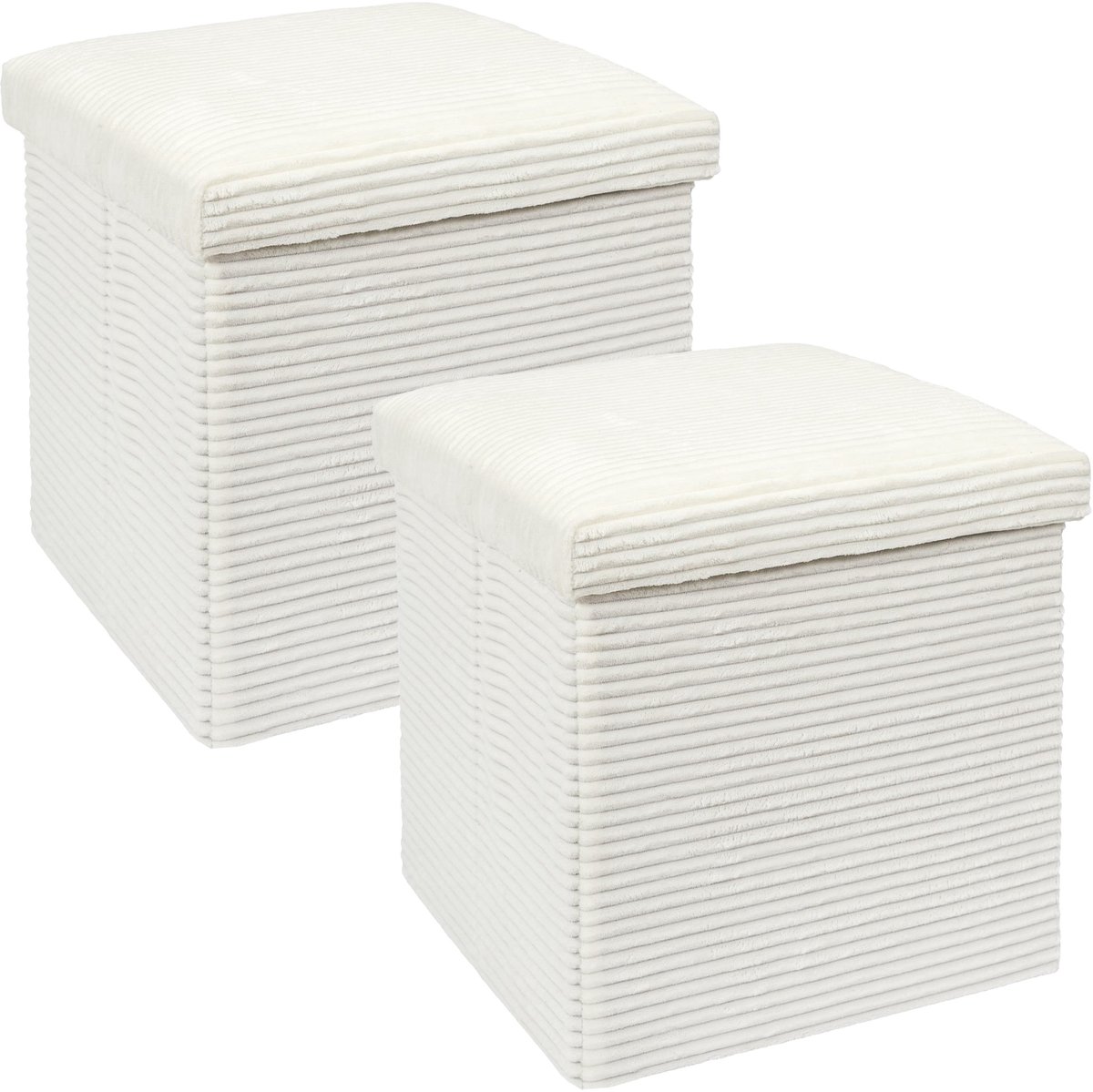 HOME DECO FACTORY Poef/hocker opvouwbaar - 2x - rib design - opbergbox - wit - polyester/mdf - 38 x 38 cm