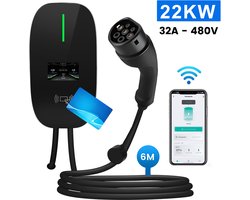 JUNSUN Laadpaal Thuis 22kW 32A 3-Fase Oplaadpunt- Type 2 Laadpaal met App/WiFi Bediening, 6M Kabel + RFID - 6A/8A/10A/13A/16A/20A/24A/32A Schakelbaar