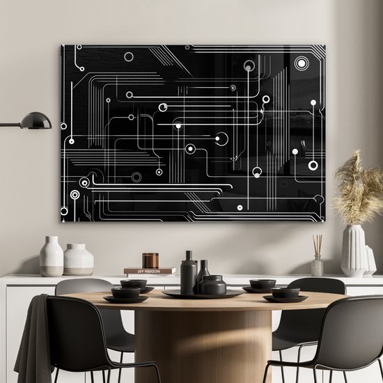 MuchoWow® Glasschilderij 90x60 cm - Schilderij acrylglas - Abstract - Lijnen - Rondjes - Zwart - Foto op glas - Muurdecoratie woonkamer - Wanddecoratie slaapkamer - Schilderijen