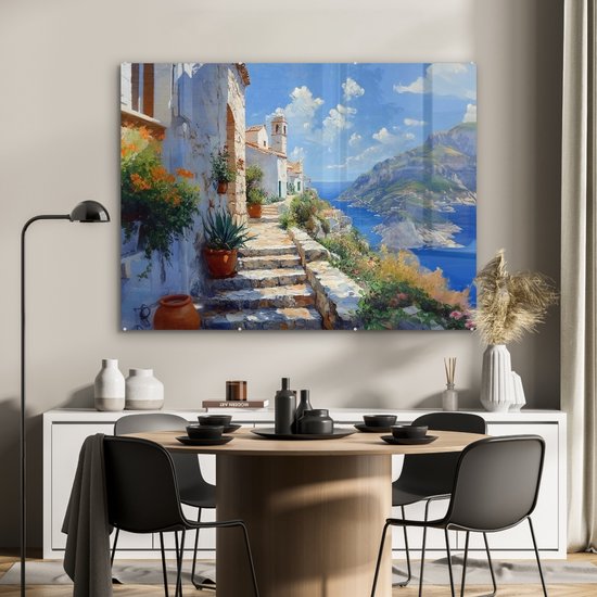MuchoWow® Glasschilderij 120x90 cm - Schilderij acrylglas - Trap - Huizen - Berglandschap - Zee - Foto op glas - Muurdecoratie woonkamer - Wanddecoratie slaapkamer - Schilderijen
