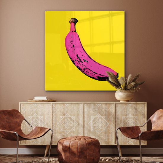 MuchoWow® Tableau sur verre 90x90 cm - Tableau acrylique sur verre - Banane - Graphique - Jaune - Photo sur verre - Décoration murale salon - Décoration murale chambre - Peintures
