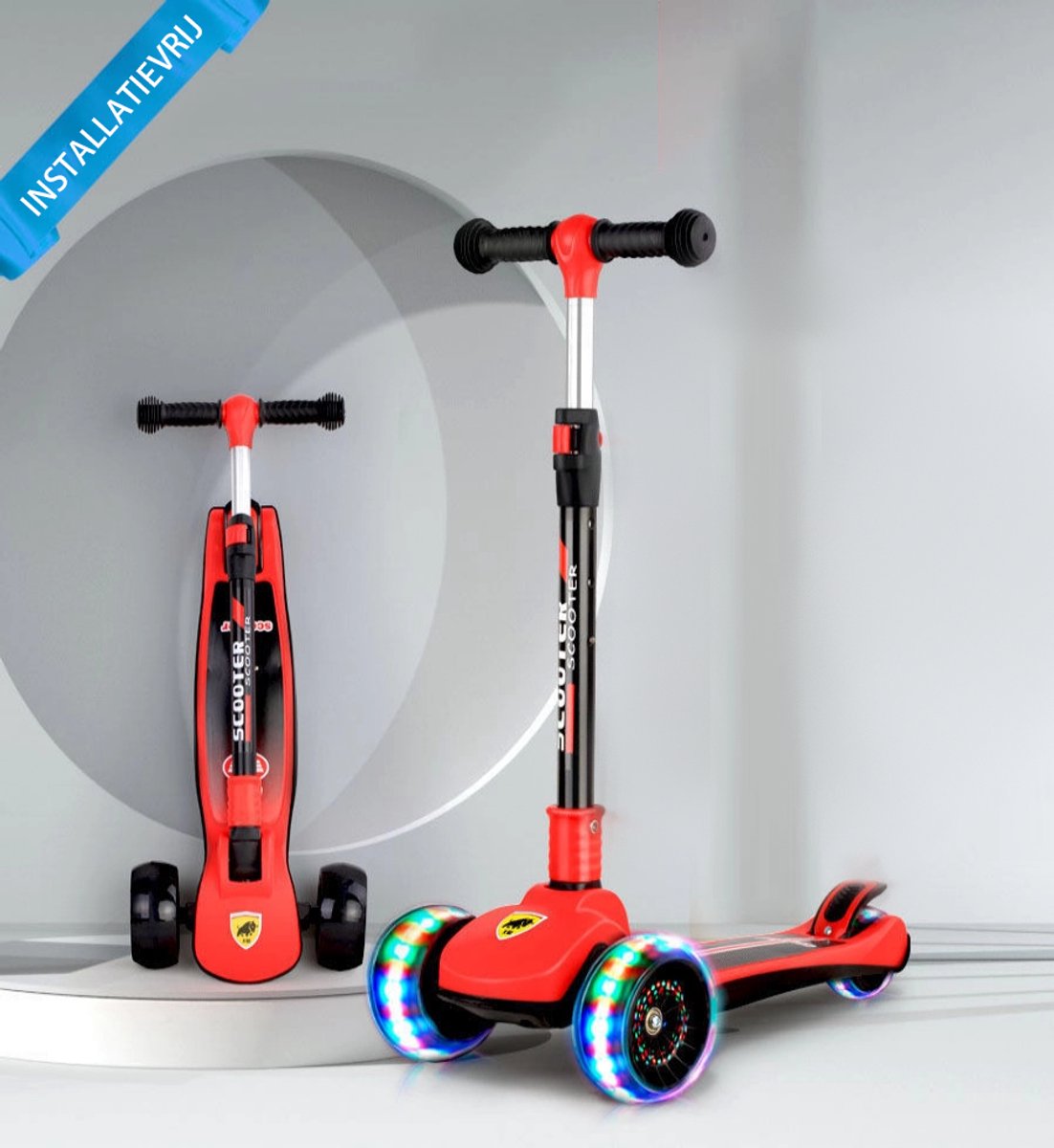 Kinderstep - 3 Lichtgevende LED Wielen - Hoogte Verstelbaar - Jongens/Meisjes - 4 Hoogtes (60-75cm) - Step Eénknops Opvouwbaar - Geschikt voor 2-9 Jaar - Rood