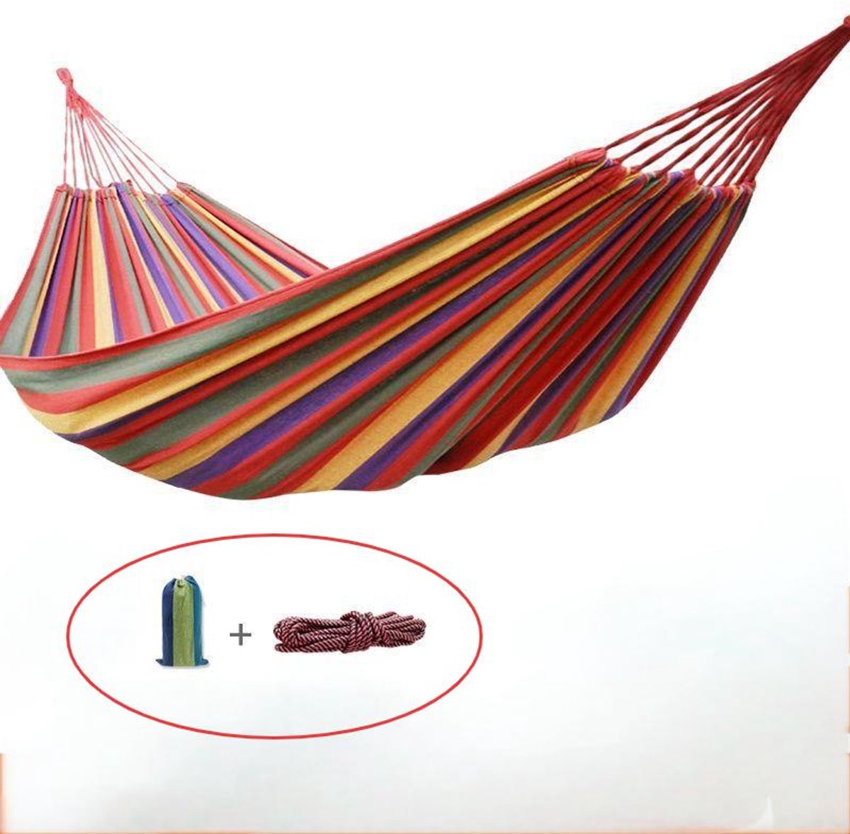 Dubbele buiten hangmat voor kamperen, draagbare canvas hangmat, anti-rol hangmat, met opbergtas en bevestigingskoord, geschikt voor tuin, balkon, terras, strand, wandelen, rood，260*150cm