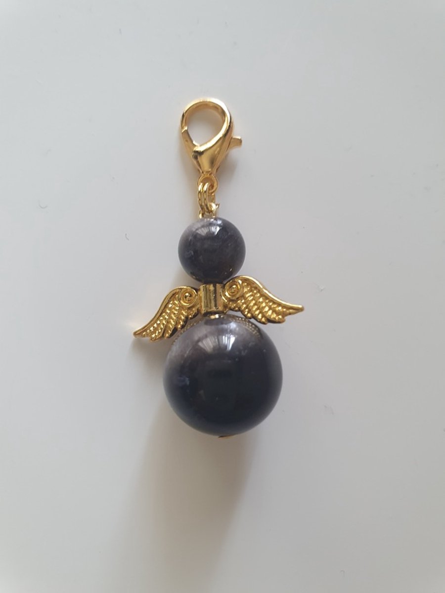 Beschermengel Zilver Obsidiaan hanger goud, tashanger, sleutelhanger, geluk engel, kerstengel, kersthanger, kerst ornament, kerst, cadeau, autodecoratie, geluk engel, bescherm engel, engel, edelsteen, spiritueel, babyshower.