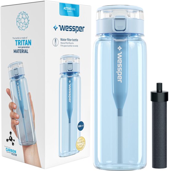 Foto: Drinkfles met actieve koolfilter bpa vrij waterfles voor sport fitness school en kinderen 680 ml blauw 2 extra filters