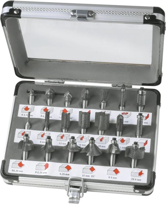FERM - PRA1008 - Bovenfrezenset - 20stuks - in - aluminium koffer - C2 - Hardmetaal - Frezen - 8mm - schacht - Duurzaam - Universeel - Zeer geschikt voor - FERM bovenfrees - PRM1015 - PRM1021 - Frezenset - Houtfrezenset - Freesset 8mm - Bovenfreesset