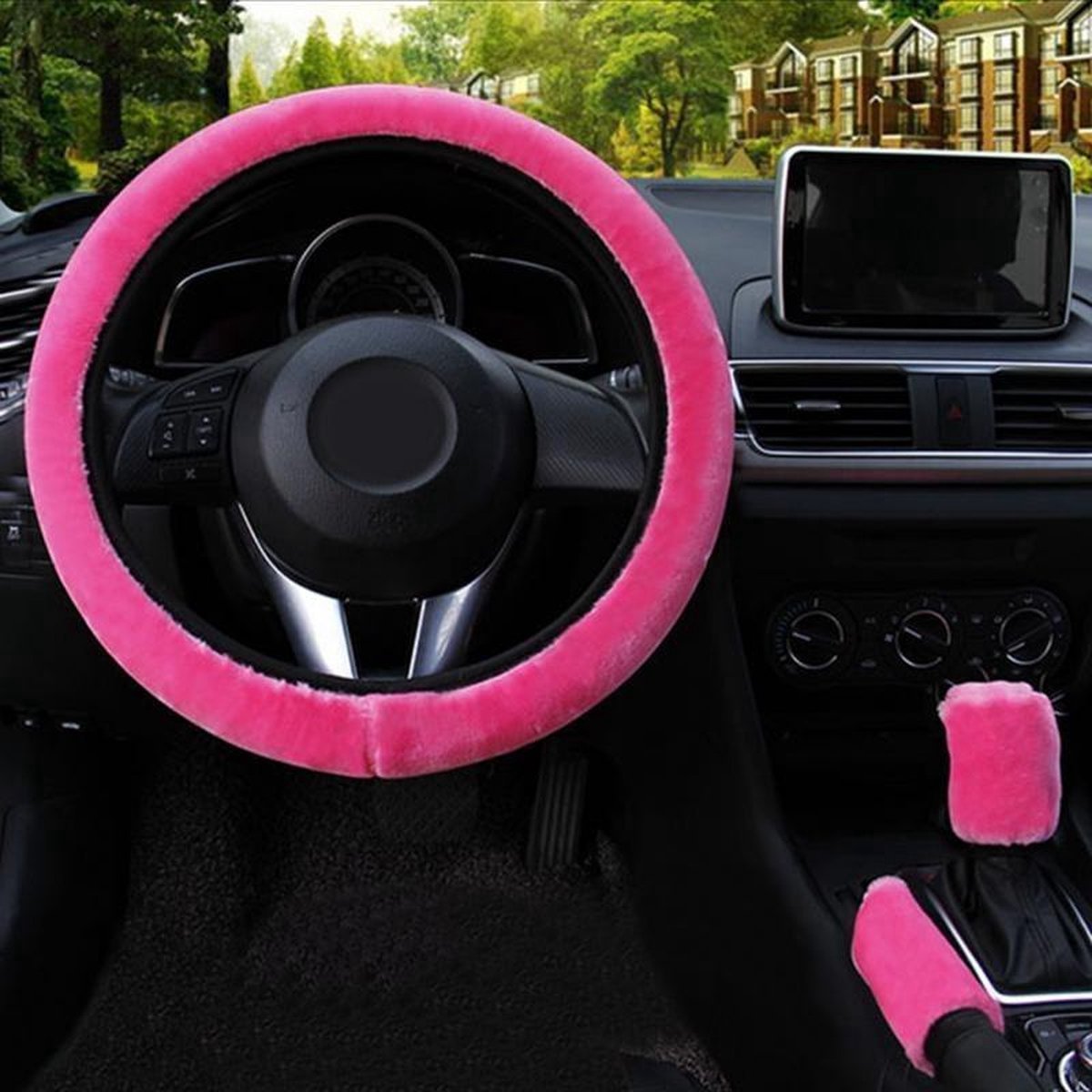 Stuurhoes Auto Set - Zacht Pluche - Fel Roze - Universeel - Kasey Products – foto 2