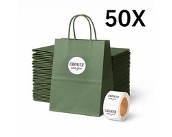 Papieren Draagtas (S) - Leger Groen - (Inclusief Stickers “Cadeautje voor jou”) - 50 Stuks - 18x8x22 cm - Papieren Tasjes - Kraft Tas - Tassen - Cadeau Tas - Hoogwaardig Natron Kraft Papier - Eco-vriendelijk