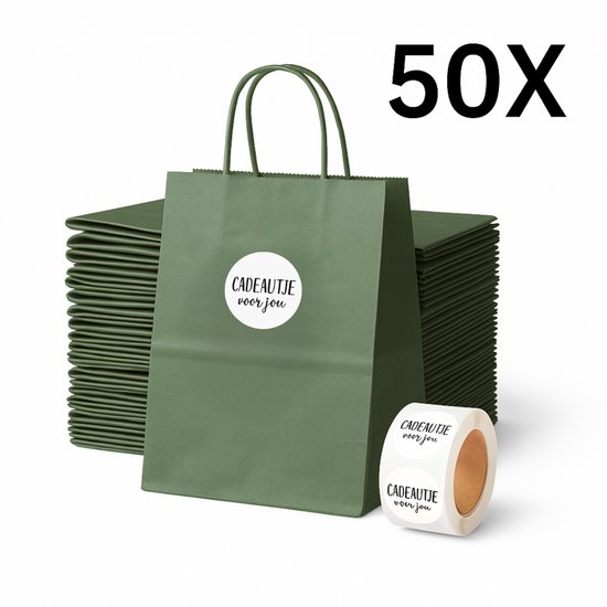 Papieren Draagtas (S) - Leger Groen - (Inclusief Stickers “Cadeautje voor jou”) - 50 Stuks - 18x8x22 cm - Papieren Tasjes - Kraft Tas - Tassen - Cadeau Tas - Hoogwaardig Natron Kraft Papier - Eco-vriendelijk
