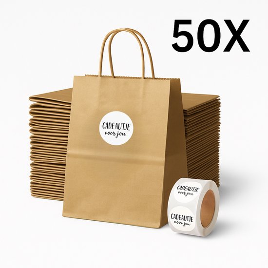 50 bruine kraft papieren draagtassen met "Cadeautje voor jou" stickers, met handvatten.