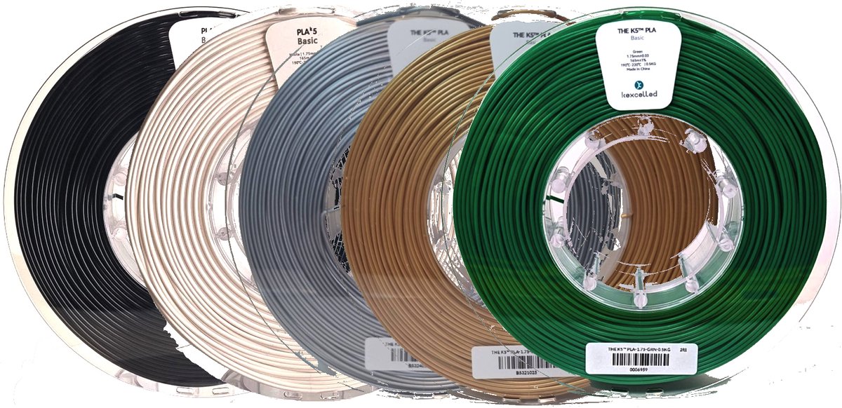 Kexcelled - PLA Combideal - 5 x 500g (2,5kg) - Zwart, Wit, Zilver, Goud, Groen - 1.75mm