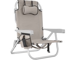 tectake® Strandstoel Coral - Opvouwbare Campingstoel met Koeltas en Opbergtas - 5-voudig Verstelbare Rugleuning met Hoofdkussen - Brede Armleuningen met Bekerhouder / Telefoonhouder - Inklapbare Kampeerstoel - Beige