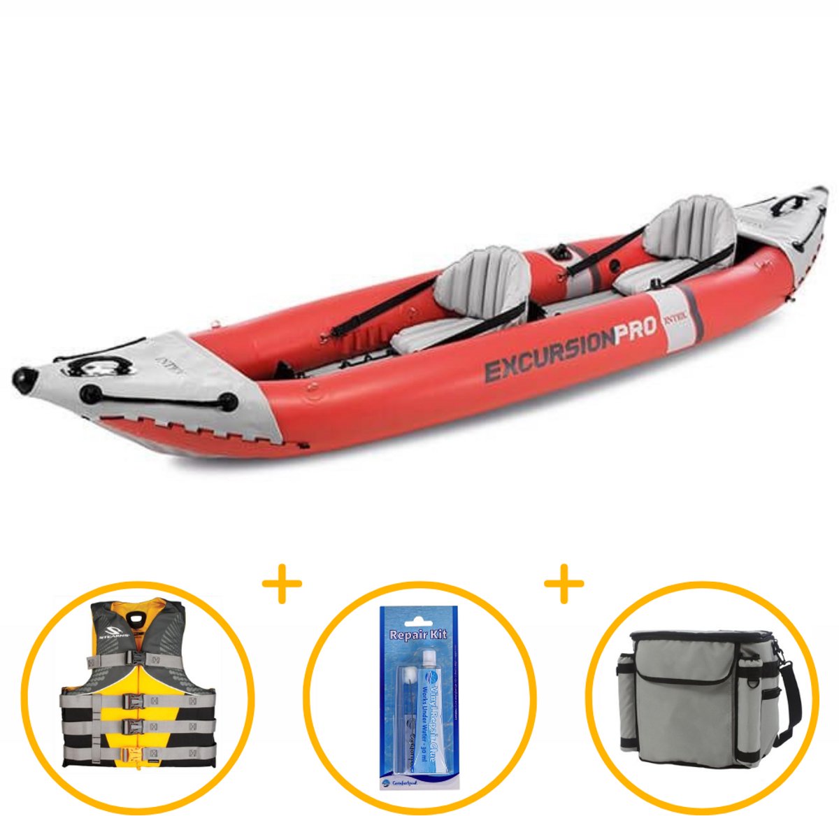 Intex opblaasbare kayak | Excursion Pro K2 met peddels en pomp | Kayakpakket | Reparatiekit | Zwemvest | Outwave koeltas