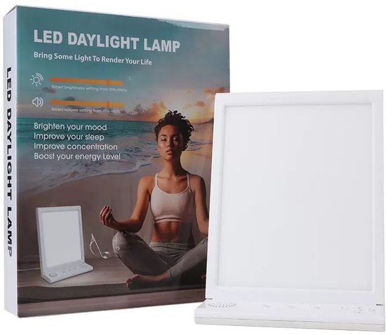 Lichttherapie Lamp 10.000 Lux met Muziekfunctie – Daglichtlamp met Timer, White Noise & Dimbaar Licht – UV-vrij – Tegen Winterdepr