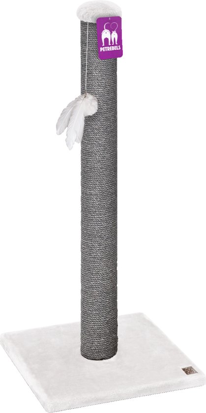 Grijze krabpaal met witte pluizige bovenkant en veer-speeltje.