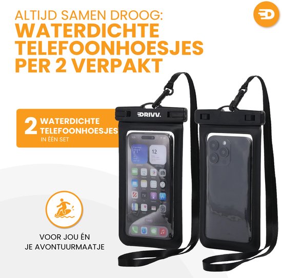 Twee zwarte Drivv. telefoonhoesjes met nekband, één toont telefoon met weerbericht, de ander een zwart scherm.