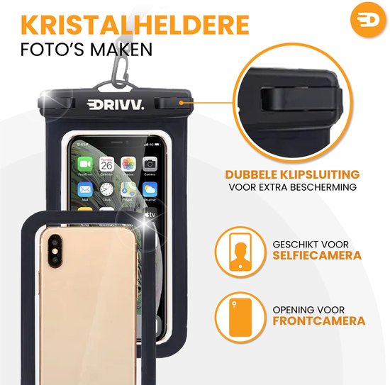Zwart Drivv. telefoonhoesje met dubbele klipsluiting, toont telefoon met apps en een vergroot detail van de sluiting.