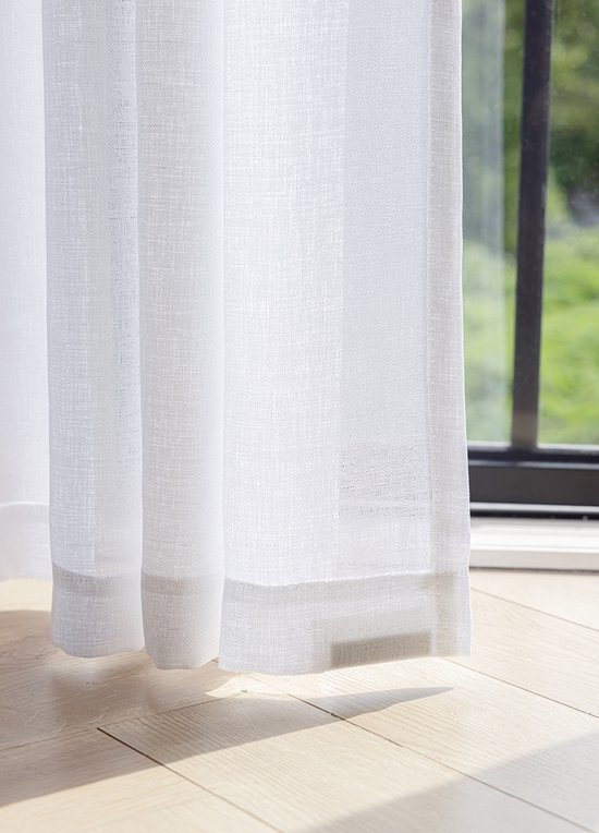 Maroyathome - OLIVIA - Rideau voilage avec ruban plissé - prêt à poser avec crochets - Wit brillant - Aspect lin - 300 x 260 cm - 300 cm de large et 260 cm de haut/long - avec câble de suspension