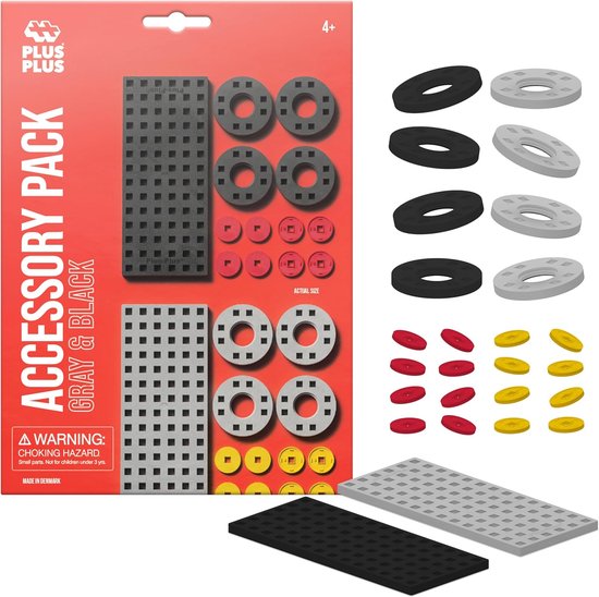 Plus Plus Accessory Pack Grijs & Zwart met 2 grijze, 2 zwarte bouwplaten, 8 zwarte en 8 grijze wielen, 16 rode en 16 gele wielen.