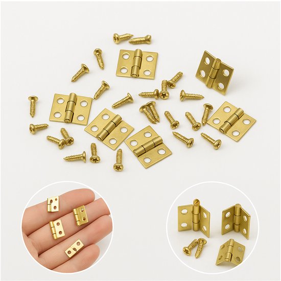 FSW-Products - 20 pièces - Mini charnières - Avec clous - Goupille fixe - Charnière - Acier inoxydable - Or - 8x10mm - Charnière de porte - Charnière d'armoire - Plaqué laiton