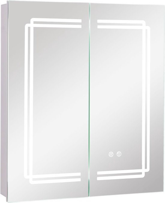 Spiegelkast Voor Badkamer, 4 Vakken En 6 Open Planken, Badkamerkast Met Spiegel Hangende Badkamerkast Hout 66 X 17 X 63 Cm Grijs Vh32668
