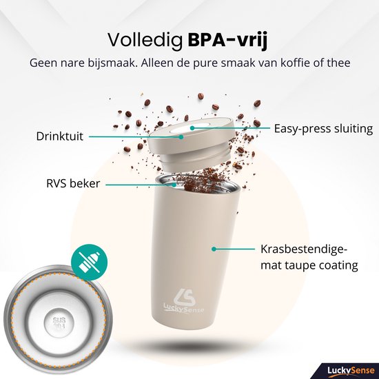 Tasse isotherme de voyage - Tasse à café à emporter - 380 ml - Tasse à thé - Étanche - Double paroi - Acier inoxydable - Taupe