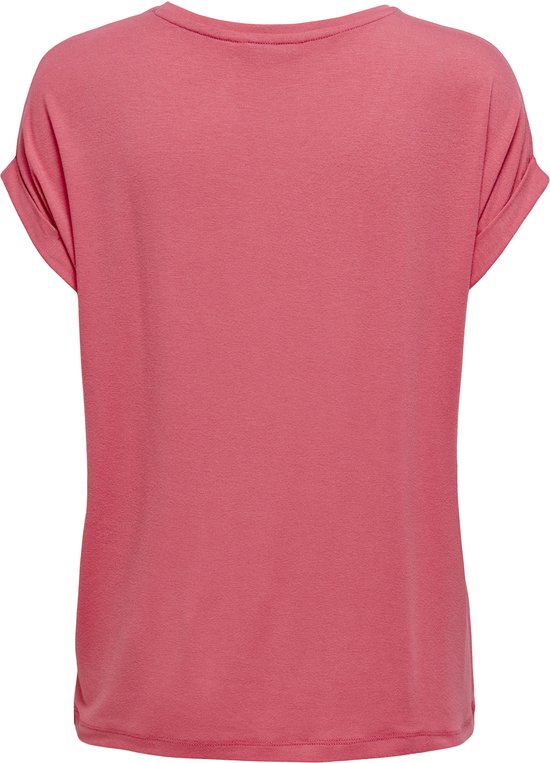 Achterkant van een roze dames T-shirt met korte omgeslagen mouwen.