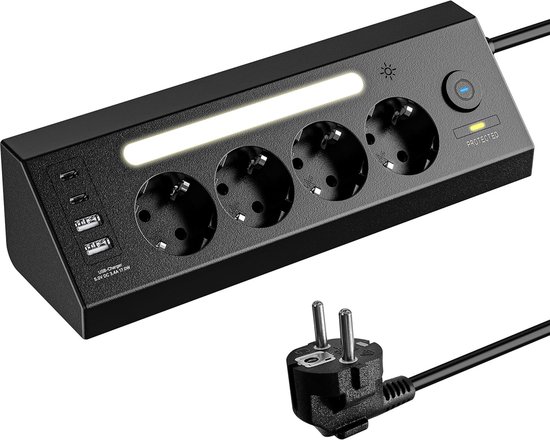 StayPowered Hoek-Stekkersblok - Compact en Slim Ontworpen Voor Maximaal Gebruiksgemak - 4-Weg Stopcontact - 2x USB-A - 2x USB-C - 2 Schakelaars - LED-Verlichting - 1.8m Kabel - Overspanningsbeveiliging - Zwart - Levering Sneller dan Aangegeven!