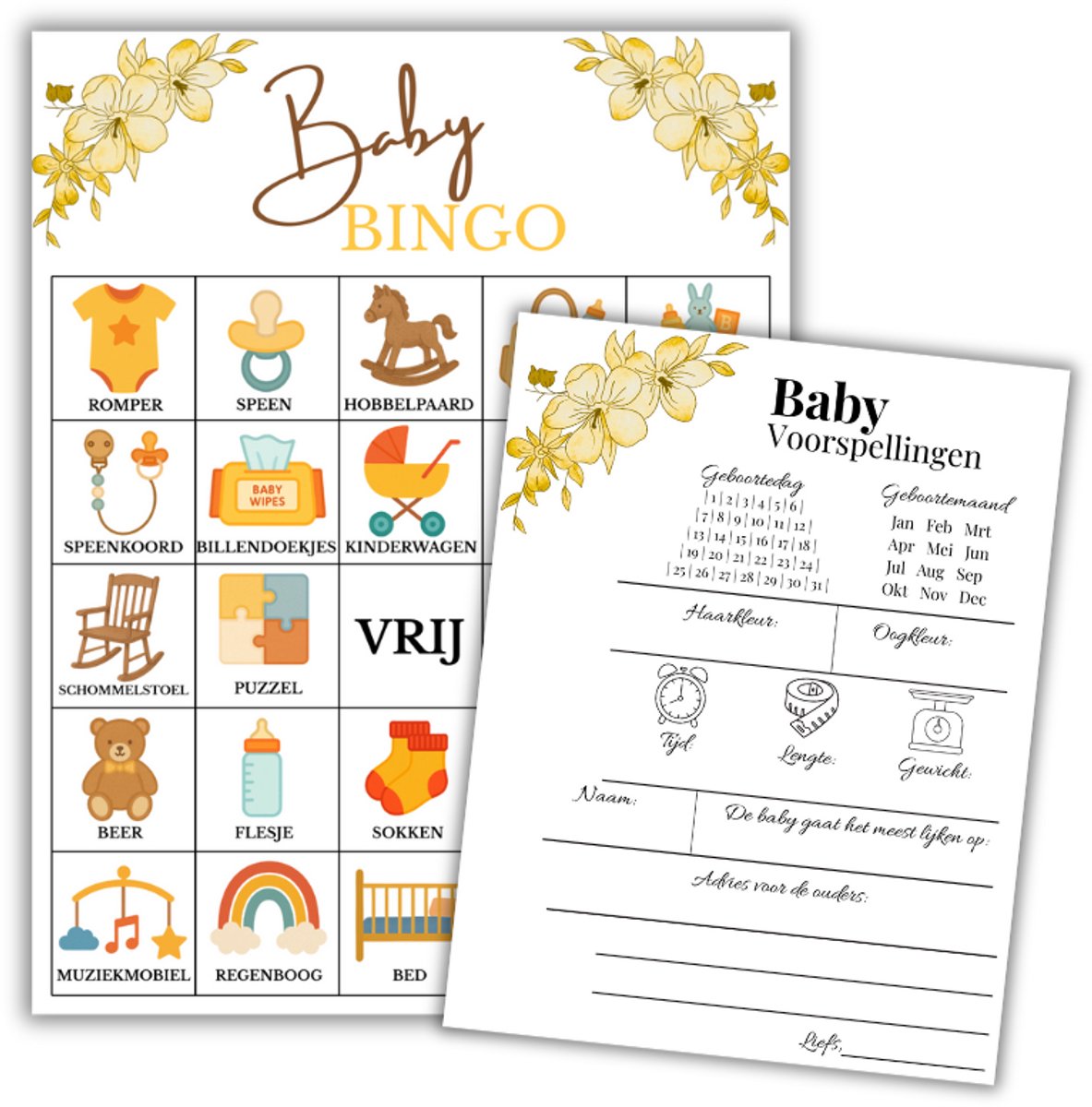Babyshower Invulkaarten - Set van 20 Babybingo-kaarten + 20 Baby Voorspellingskaarten- Babyshower Spelletjes - Babyshower Bingo - babyshower -