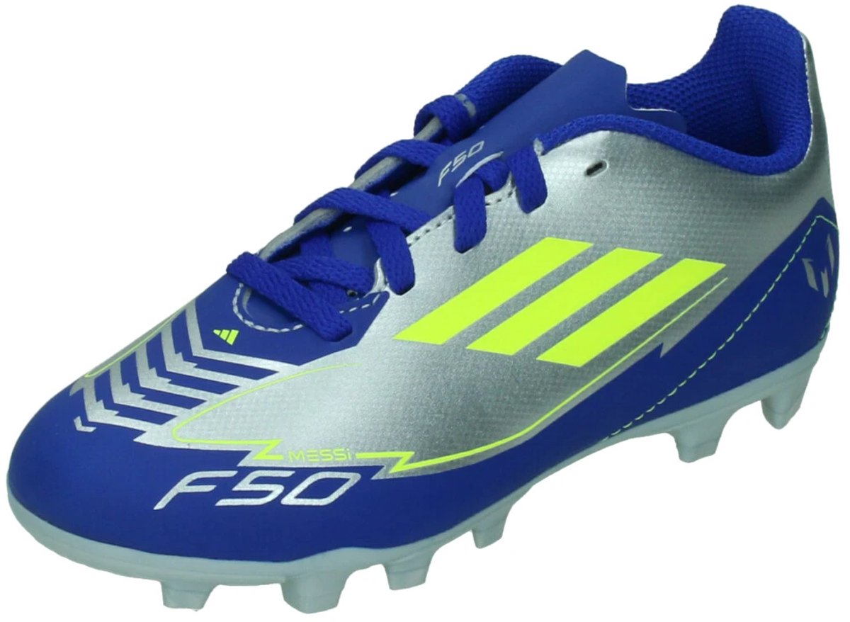 Adidas F50 Club FG/MG J Messi voetbalschoenen voor kinderen, zilver met blauw en gele accenten, maat 36.5.