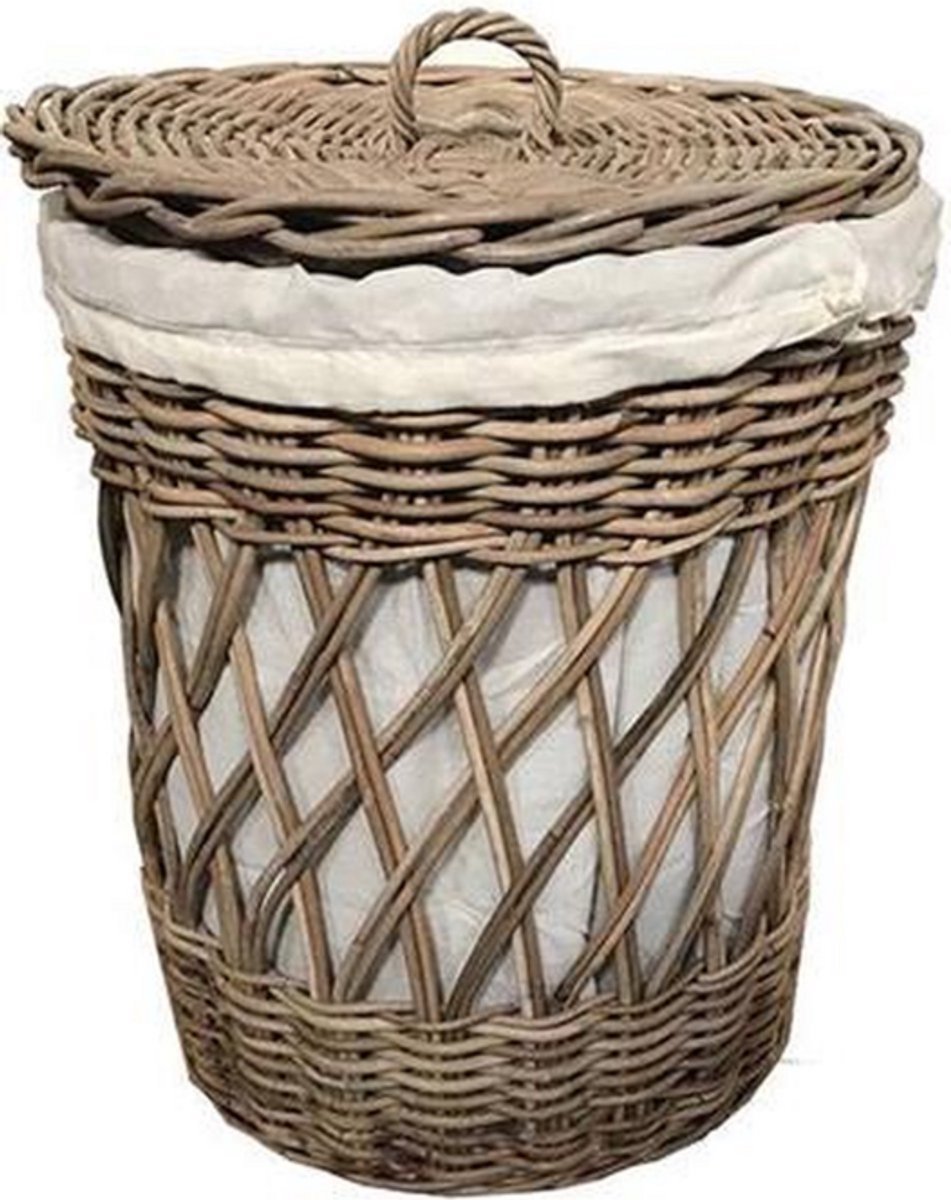 Wasmand Riet met Linnen Binnenhoes - Ø40 x H50 cm - Naturel & Wit - Landelijke Stijl - Decoshoppen.nl - Rieten wasmand maat M