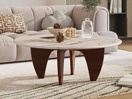 Salontafel Marmer Walnoot - Hout - Marmer blad Rond - tafel
