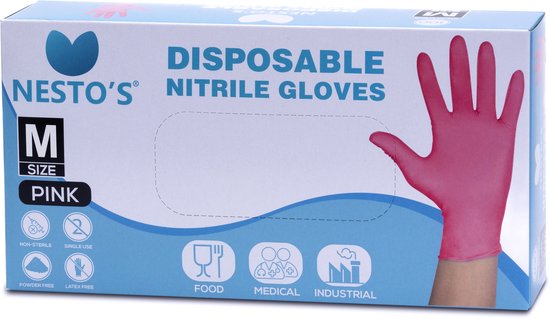 Gants jetables en Nitril Nesto's 100 pièces - Sans latex - Sans poudre - Non stériles - Gants d'examen - Medisch - Plastique - Taille M - Rose