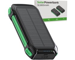 iSetchi Solar Powerbank 32800 mAh - Externe Batterij - Noodpakket - Zonneenergie - Snellader - Met Kompas en USB-C Kabel - Fast Charge 22.5W - Met Handige Lamp - Groen/Zwart