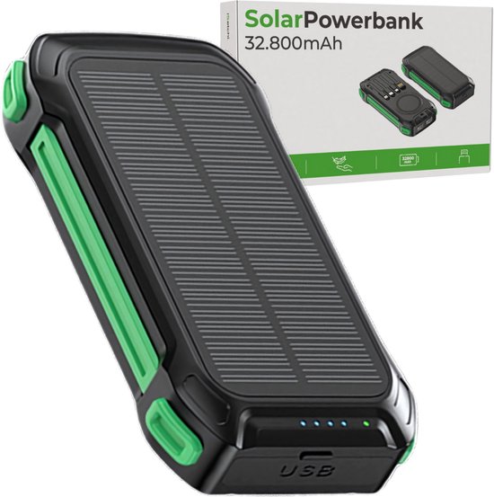 iSetchi Solar Powerbank 32800 mAh - Externe Batterij - Noodpakket - Zonneenergie - Snellader - Met Kompas en USB-C Kabel - Fast Charge 22.5W - Met Handige Lamp - Groen/Zwart