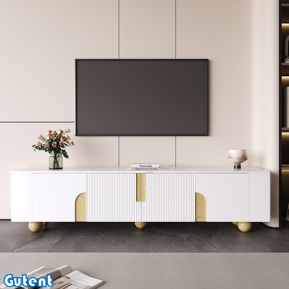 Gutent TV-kast-180cm-4 Deuren-Elegant Ontwerp-Marmer Buitenkant-Sferische Houten Poten-Wit