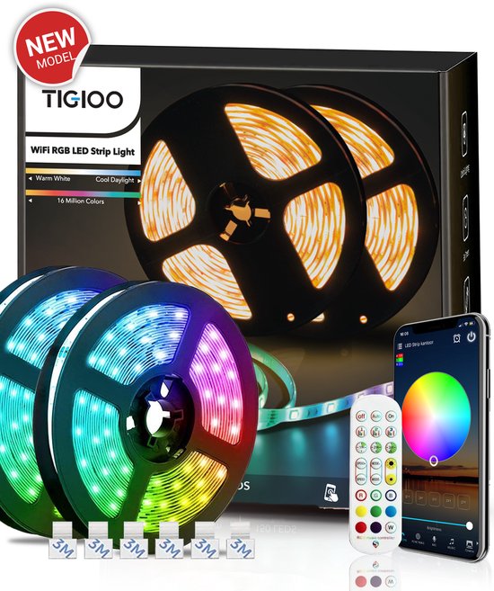 TIGIOO LED strip 5 meter - Wifi Lichtstrip met 16 kleuren - dimbaar - incl. App & Afstandsbediening - Zelfklevend