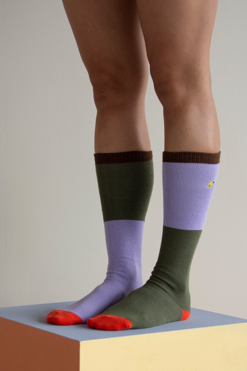 Sticky Lemon - Knie hoge sokken - kleurblokken - bladgroen + mauve lila