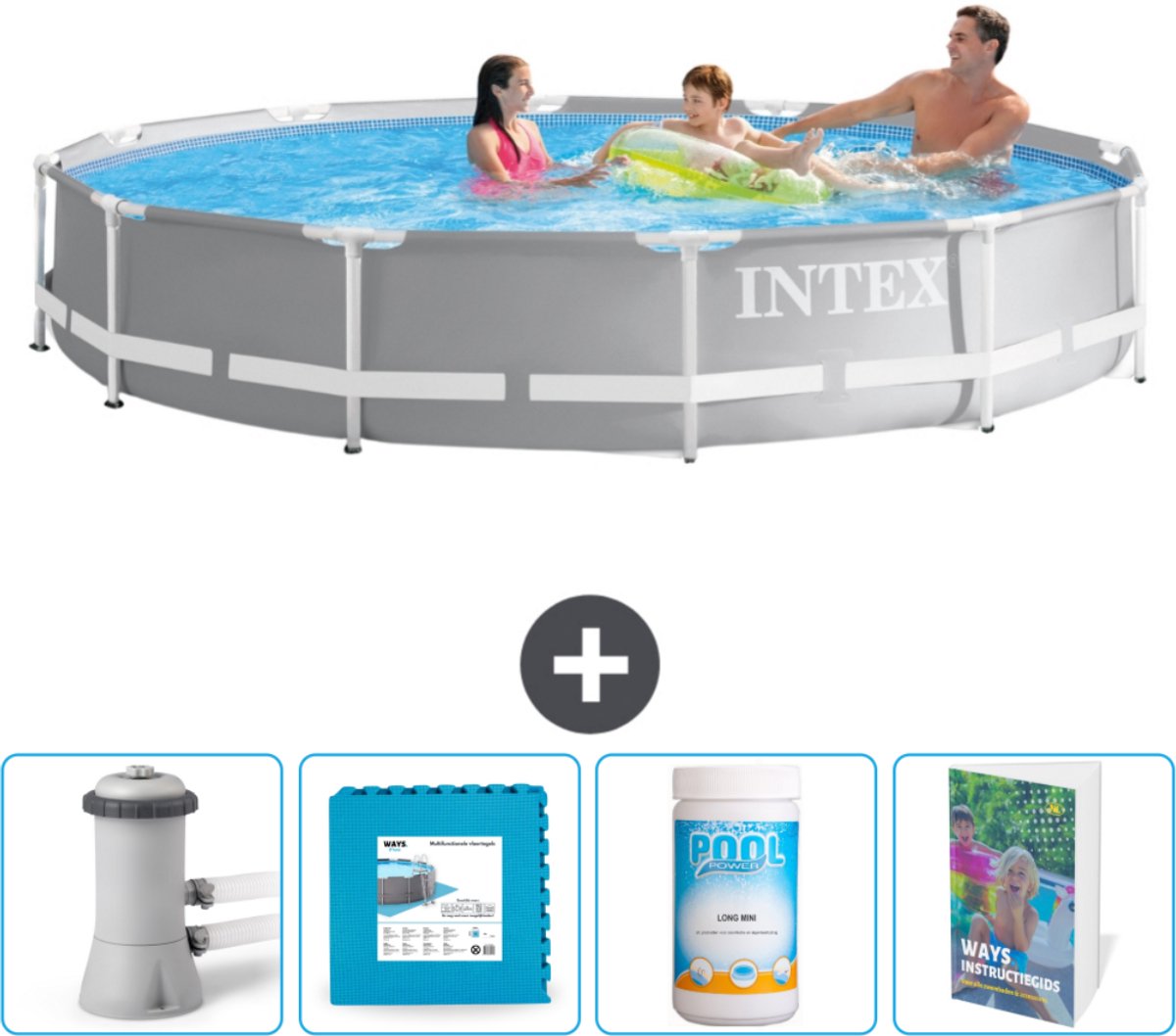 Intex Rond Prism Frame Zwembad - 366 x 76 cm - Grijs - Inclusief Zwembadfilterpomp - Vloertegels - Chloor - Zwembadgids