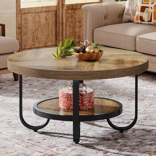 TRIBESIGNS - Table basse ronde - Table basse avec étagère de rangement - Table d'appoint marron - Table - Table d'appoint pour salon, bureau à domicile - 79 x 79 x 45 cm