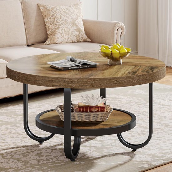 TRIBESIGNS - Table basse ronde - Table basse avec étagère de rangement - Table d'appoint marron - Table - Table d'appoint pour salon, bureau à domicile - 79 x 79 x 45 cm