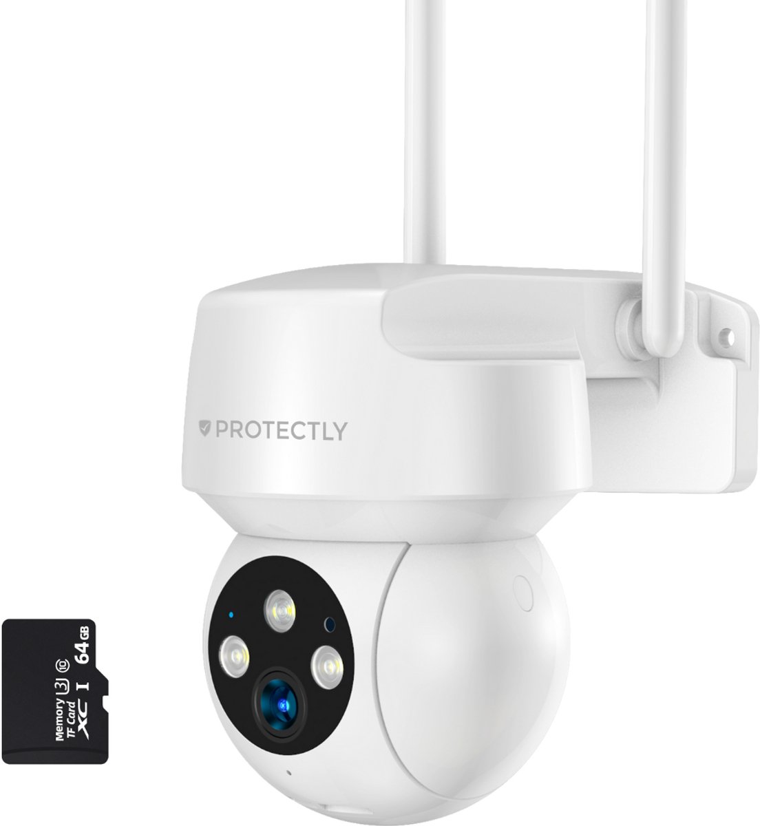 Protectly® Beveiligingscamera Buiten – 3K HD 5MP - Buiten Camera Met Nachtzicht – Buitencamera - Security camera - Met WiFi en APP - Incl. 64GB SD - Wit