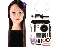 foto van Oefenhoofd Kappershoofd met Statief Kaphoofd Kapperspop Kappers Pop - Oefenpop Kapper - Incl. Styling Accessoires - Kastanjebruin Haar - 70 cm